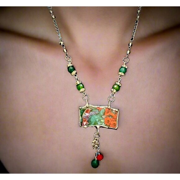 Lena Liu Hummingbird Pendant W/ Silver-Blend Metalwork &amp; Green Quartz Neckla - Picture 2 of 12